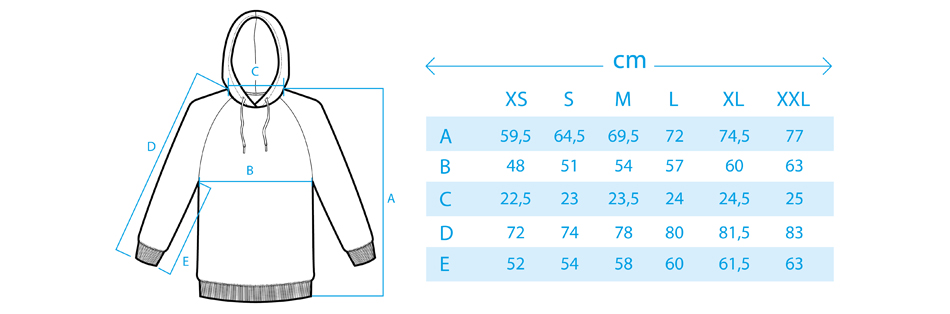 Maßtabelle Hoodies Maße für Pullover